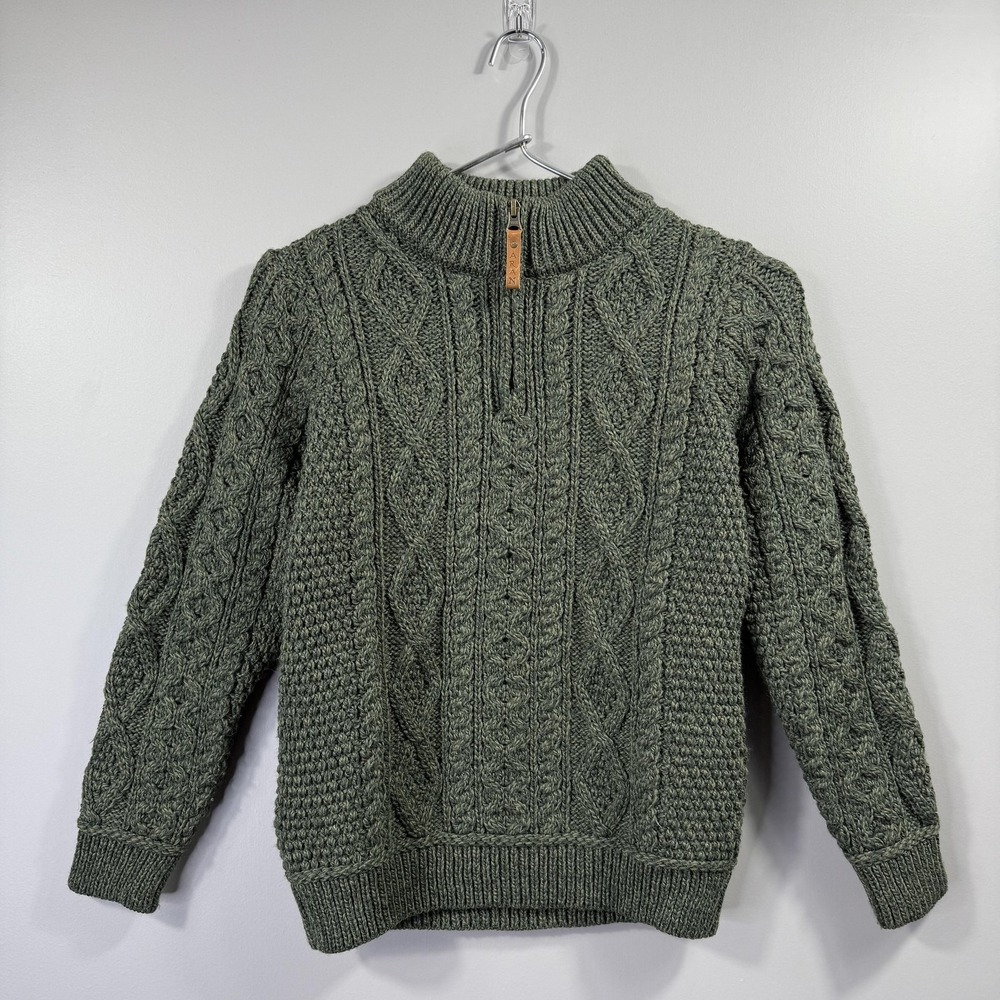 Aran Sweater Market Sweater Kids 8-11 Years Green Wool 1/4 Zip Cable Knit